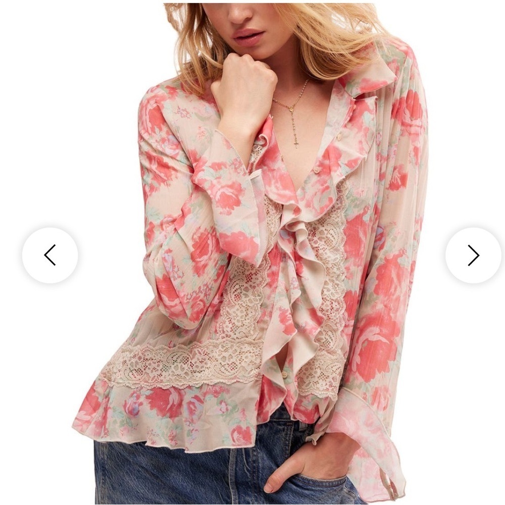 Free People Bad at Love Floral Ruffle Blouse - Pink and Cream NWT $128 - Picture 1 of 6